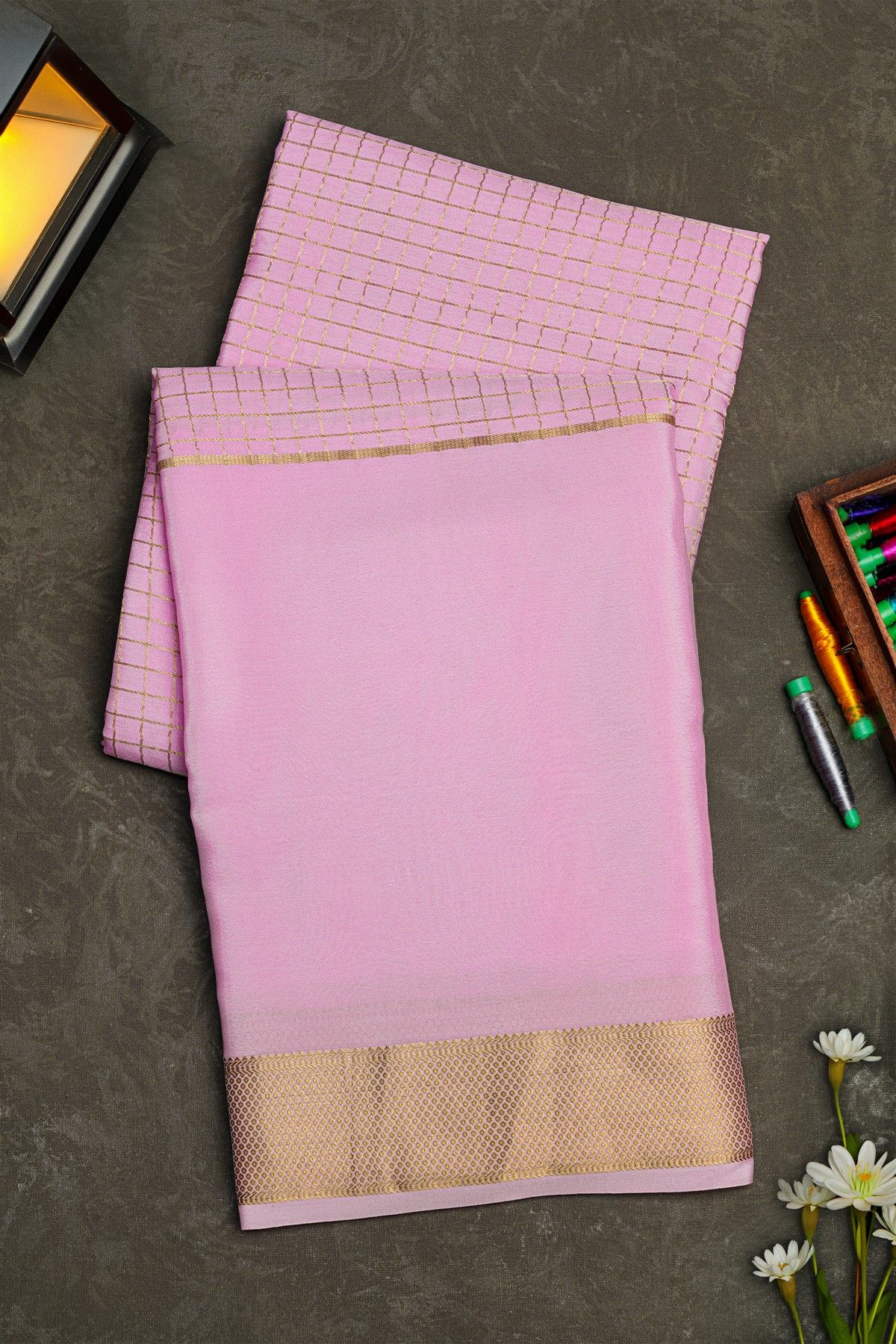 Mysore Crepe Baby Pink Saree With Zari Checks Body