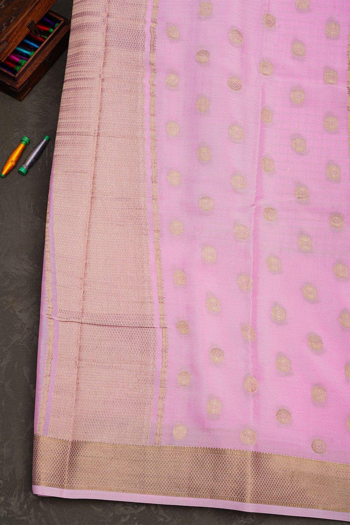 Mysore Crepe Baby Pink Saree With Zari Checks Body