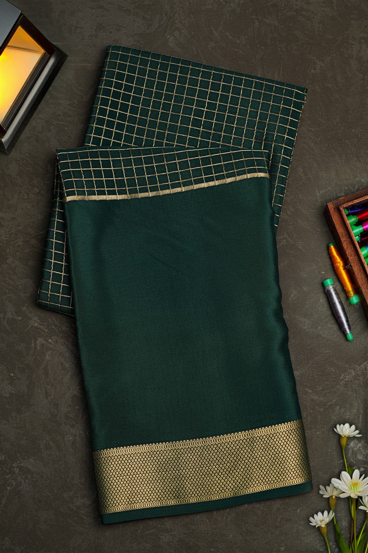 Mysore Crepe Bottle Green Saree With Diamonds In Zari Border