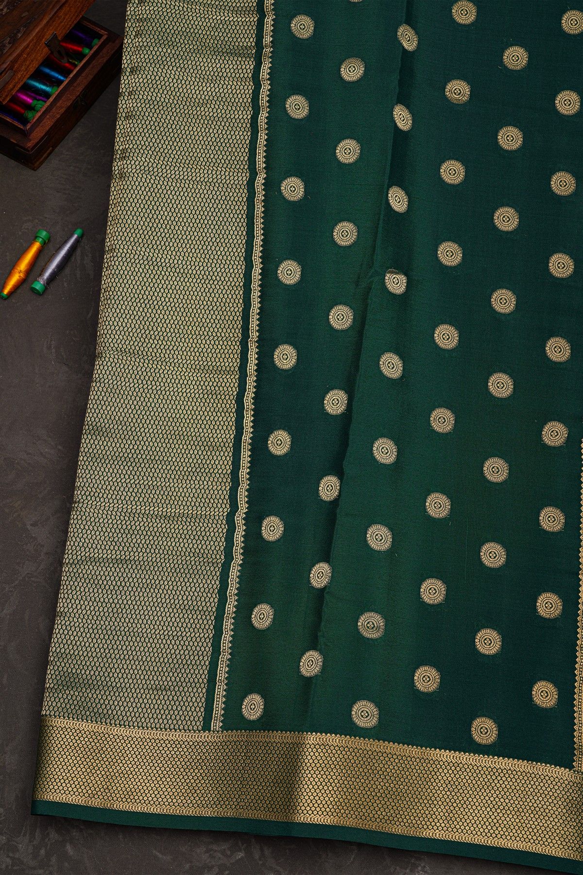 Mysore Crepe Bottle Green Saree With Diamonds In Zari Border