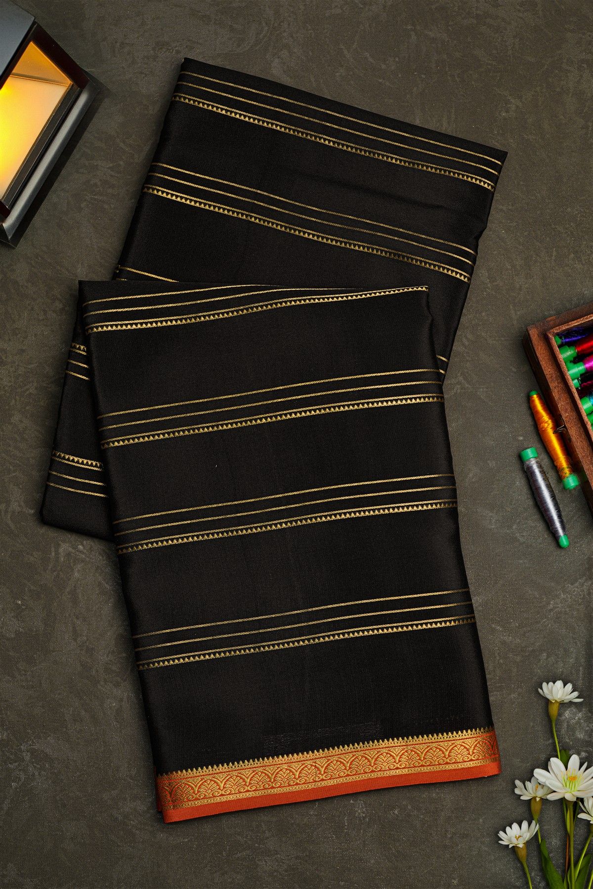 Mysore Crepe Black Saree With Lines In Zari Body