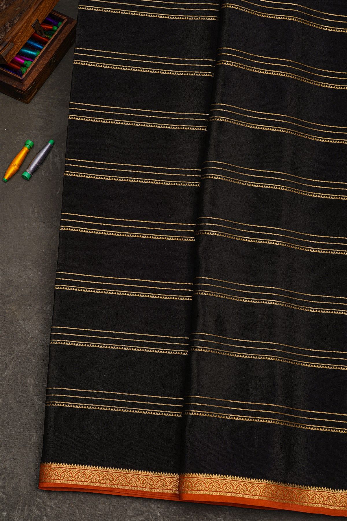 Mysore Crepe Black Saree With Lines In Zari Body