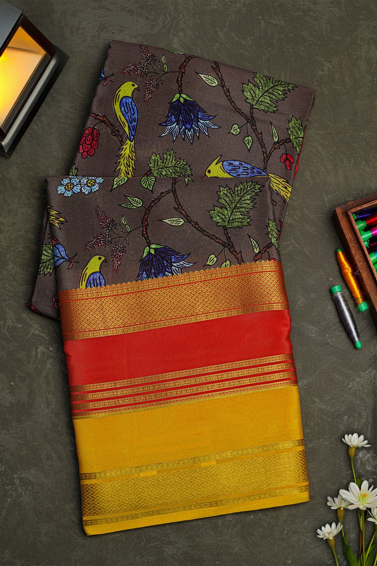Mysore Crepe Dark Brown Saree With Florals And Birds Body