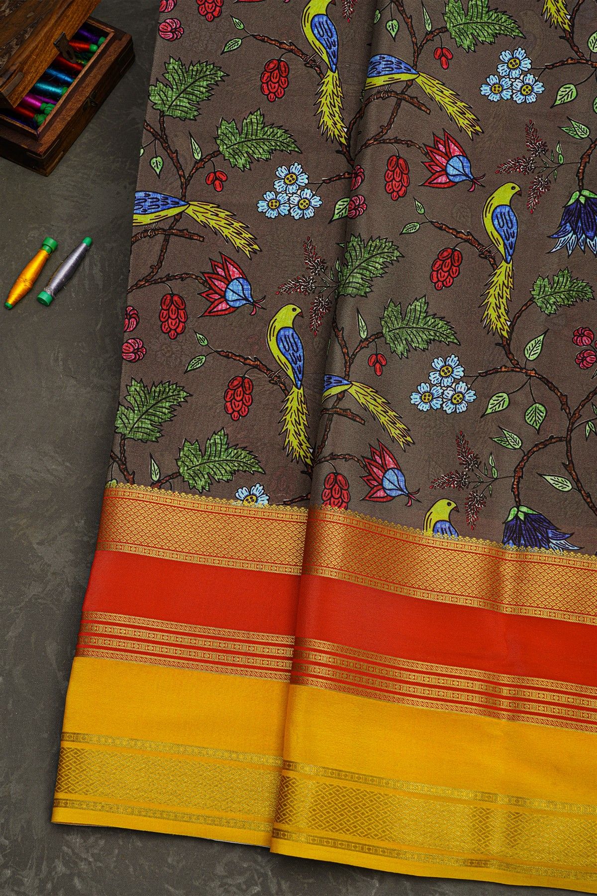 Mysore Crepe Dark Brown Saree With Florals And Birds Body
