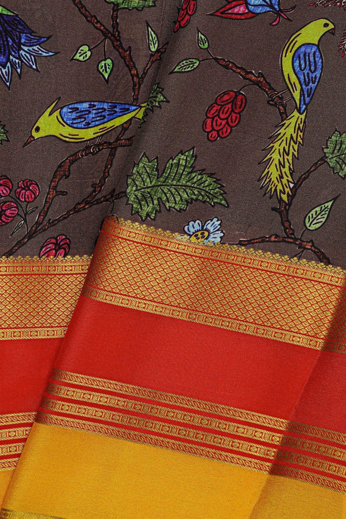 Mysore Crepe Dark Brown Saree With Florals And Birds Body