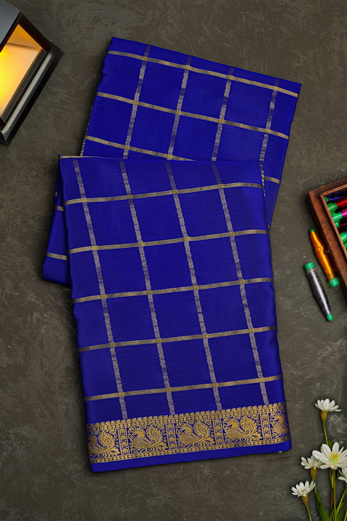 Mysore Crepe Royal Blue Saree With Zari Checks Body
