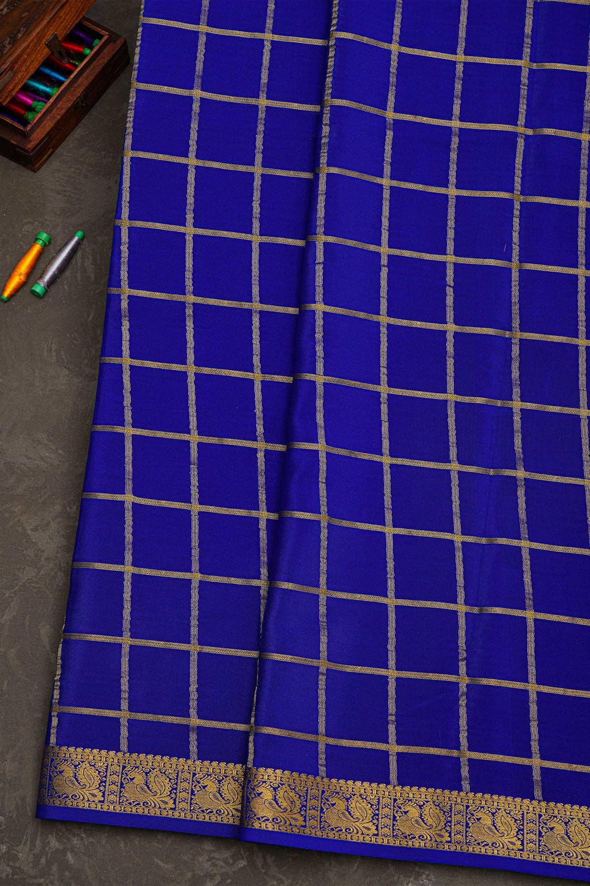Mysore Crepe Royal Blue Saree With Zari Checks Body
