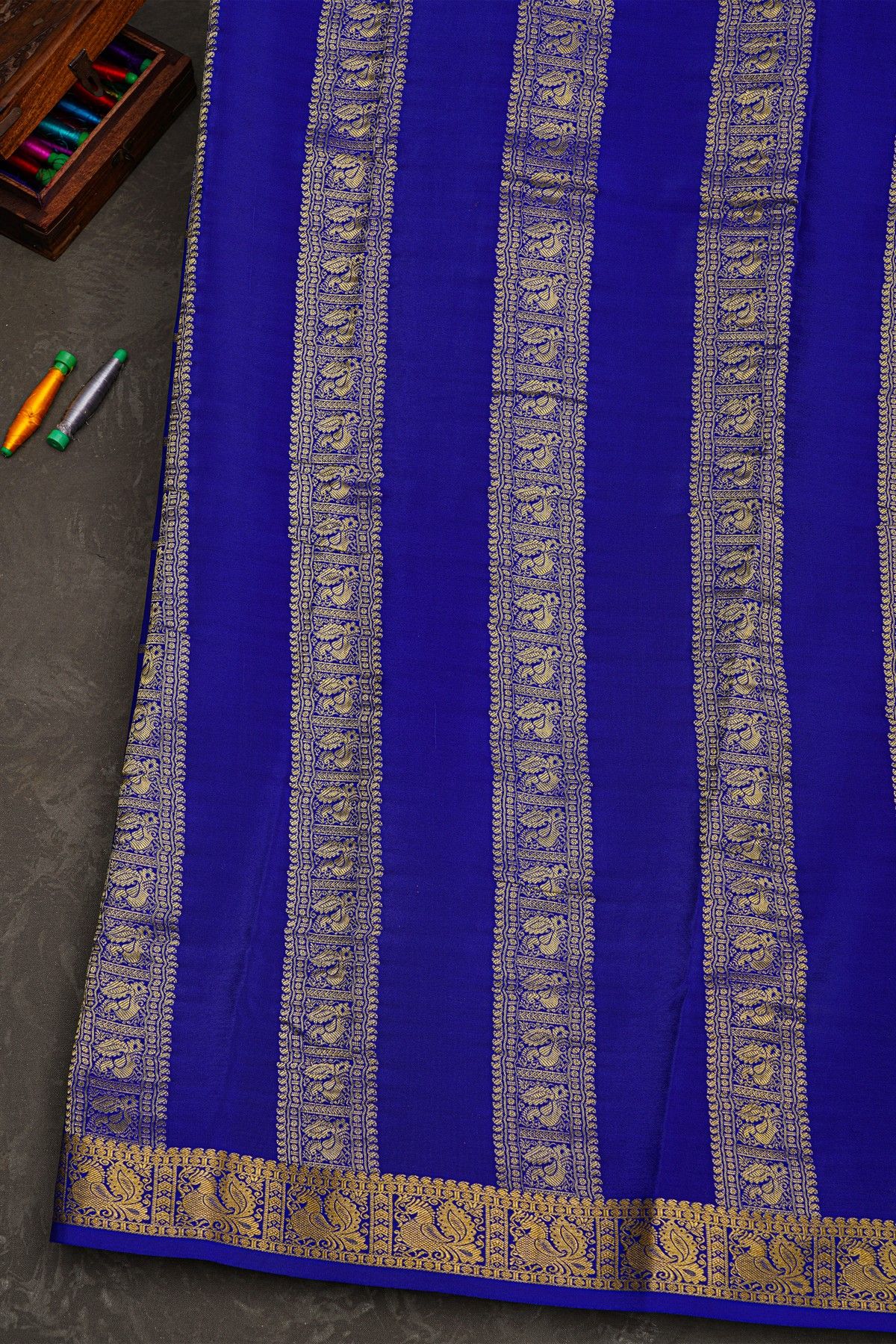 Mysore Crepe Royal Blue Saree With Zari Checks Body