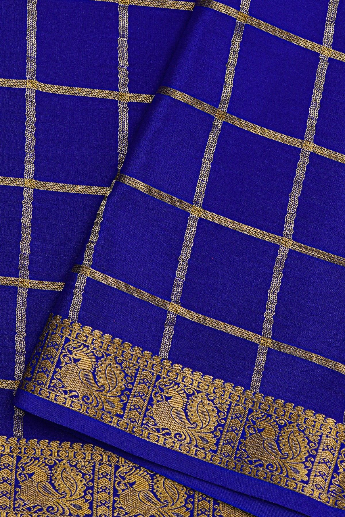 Mysore Crepe Royal Blue Saree With Zari Checks Body