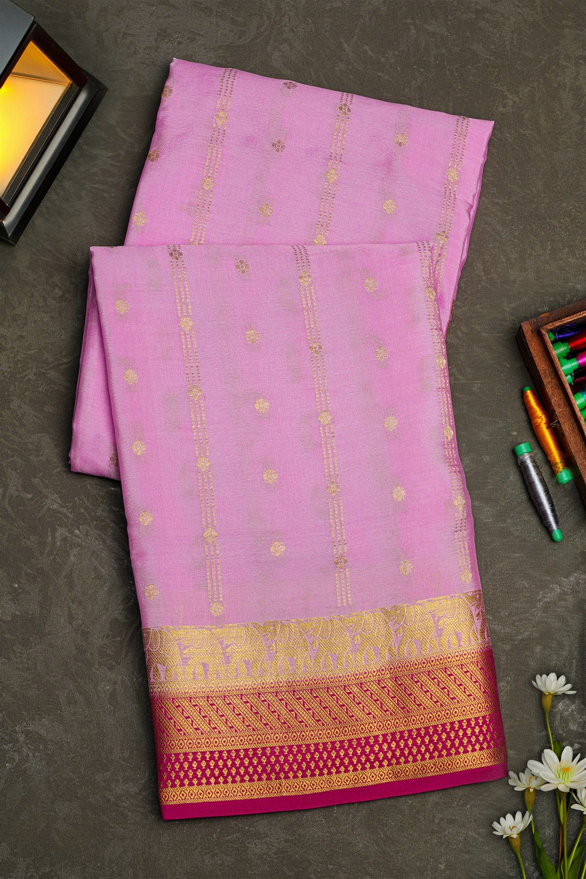 Mysore Crepe Dual Colour Saree With Elephants And Zig-Zag Lines Border