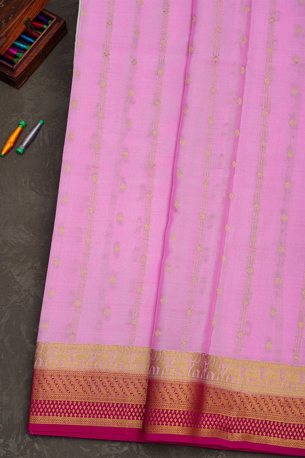 Mysore Crepe Dual Colour Saree With Elephants And Zig-Zag Lines Border