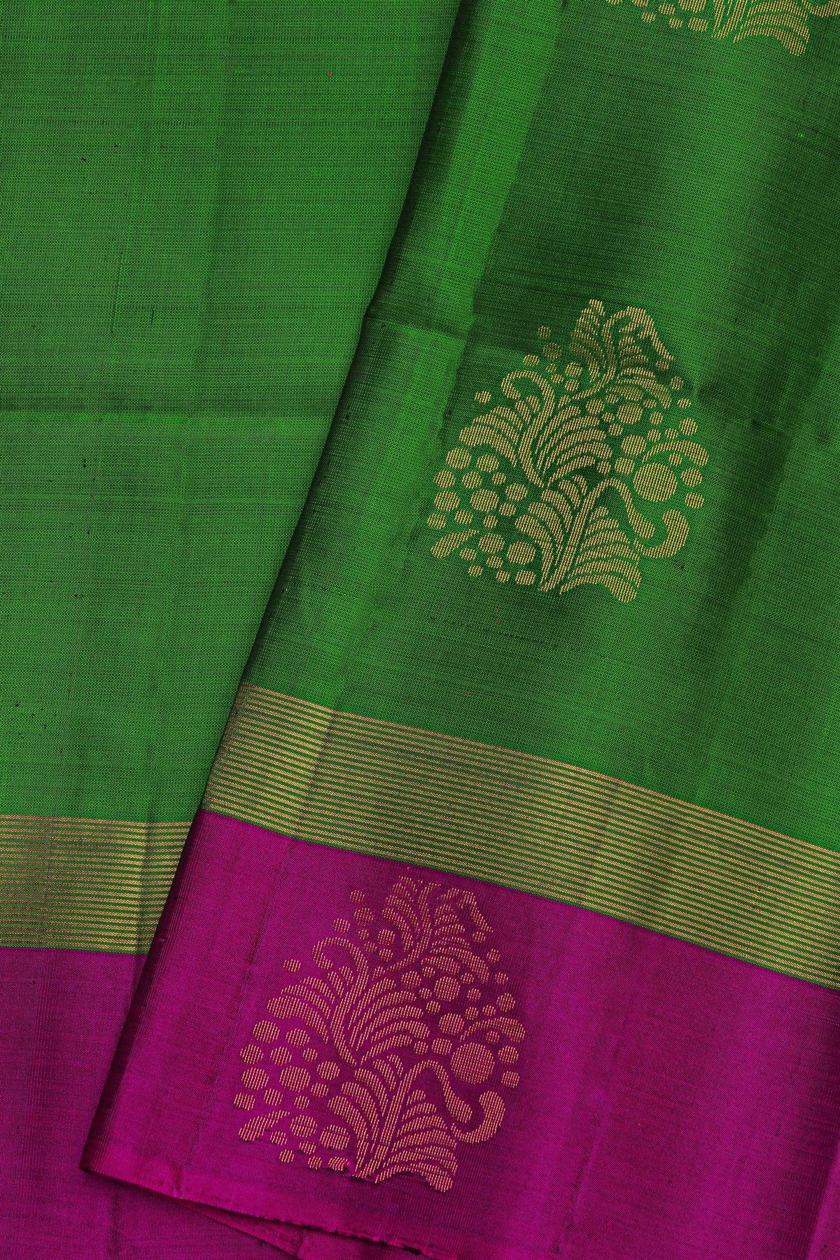 Coimbatore Silk Bottle Green Saree WIth Floral Buttis Body
