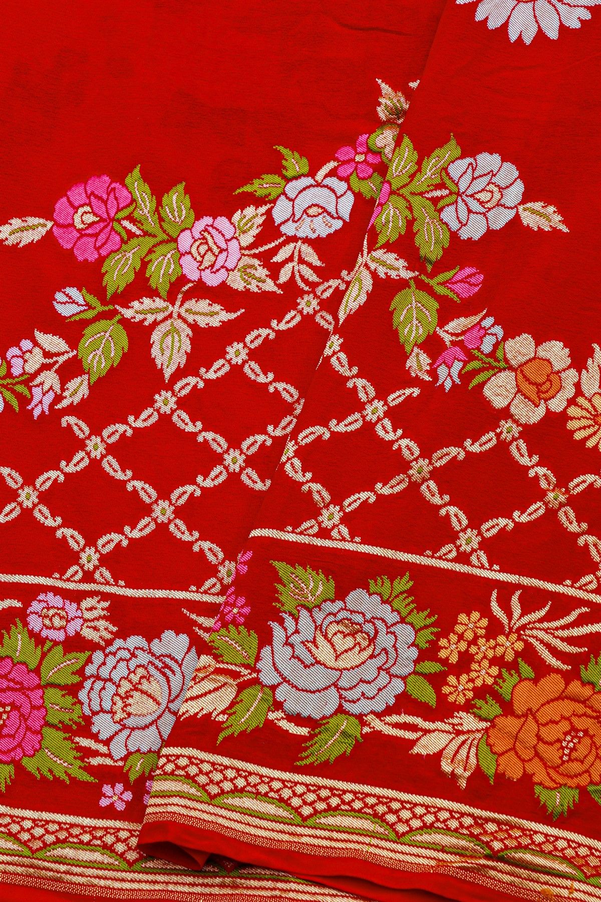 Banarasi Georgette Red Saree With Florals And Leaves Body