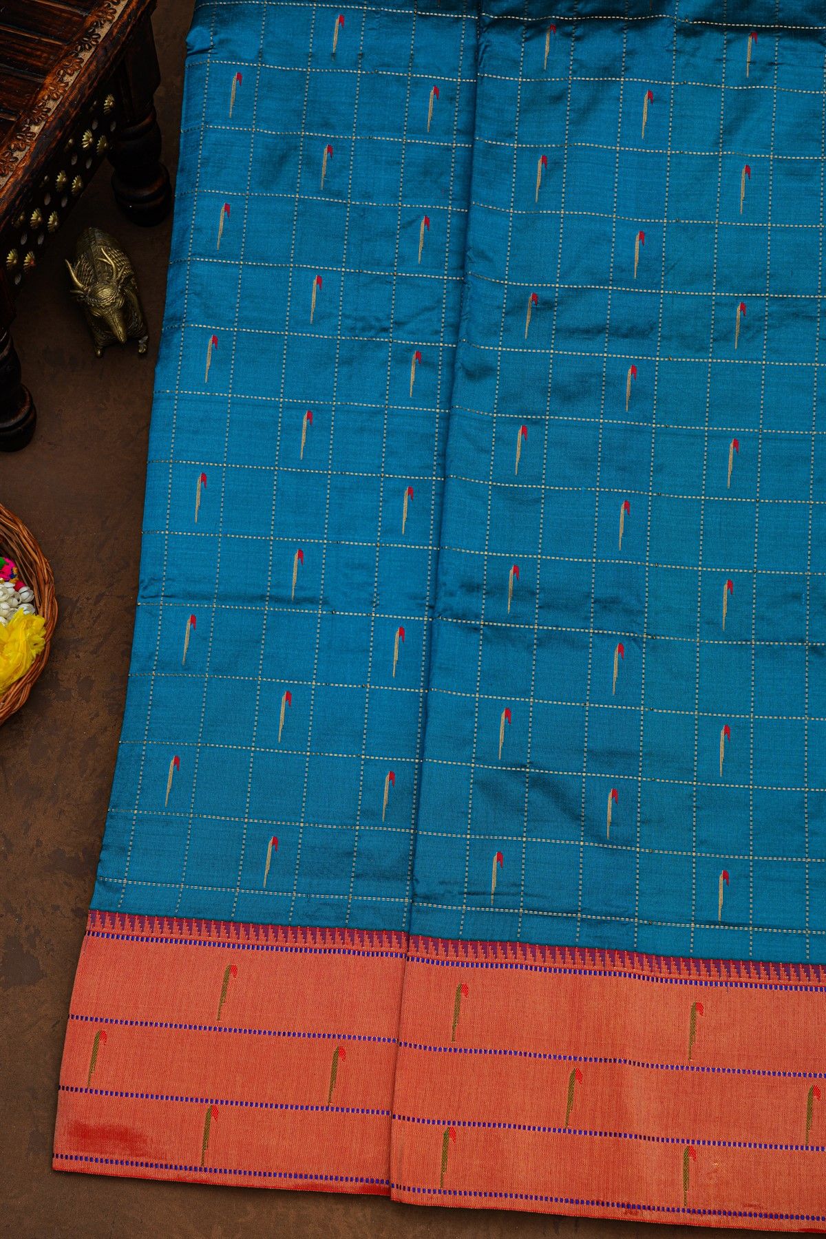 Paithani Silk Blue Saree With All Over Muniya Buttis In Zari Checks Body And Triple Muniya Border