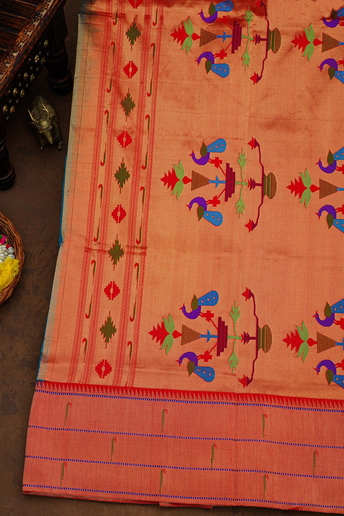 Paithani Silk Blue Saree With All Over Muniya Buttis In Zari Checks Body And Triple Muniya Border