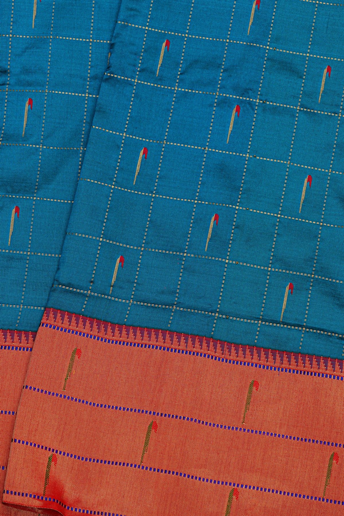 Paithani Silk Blue Saree With All Over Muniya Buttis In Zari Checks Body And Triple Muniya Border