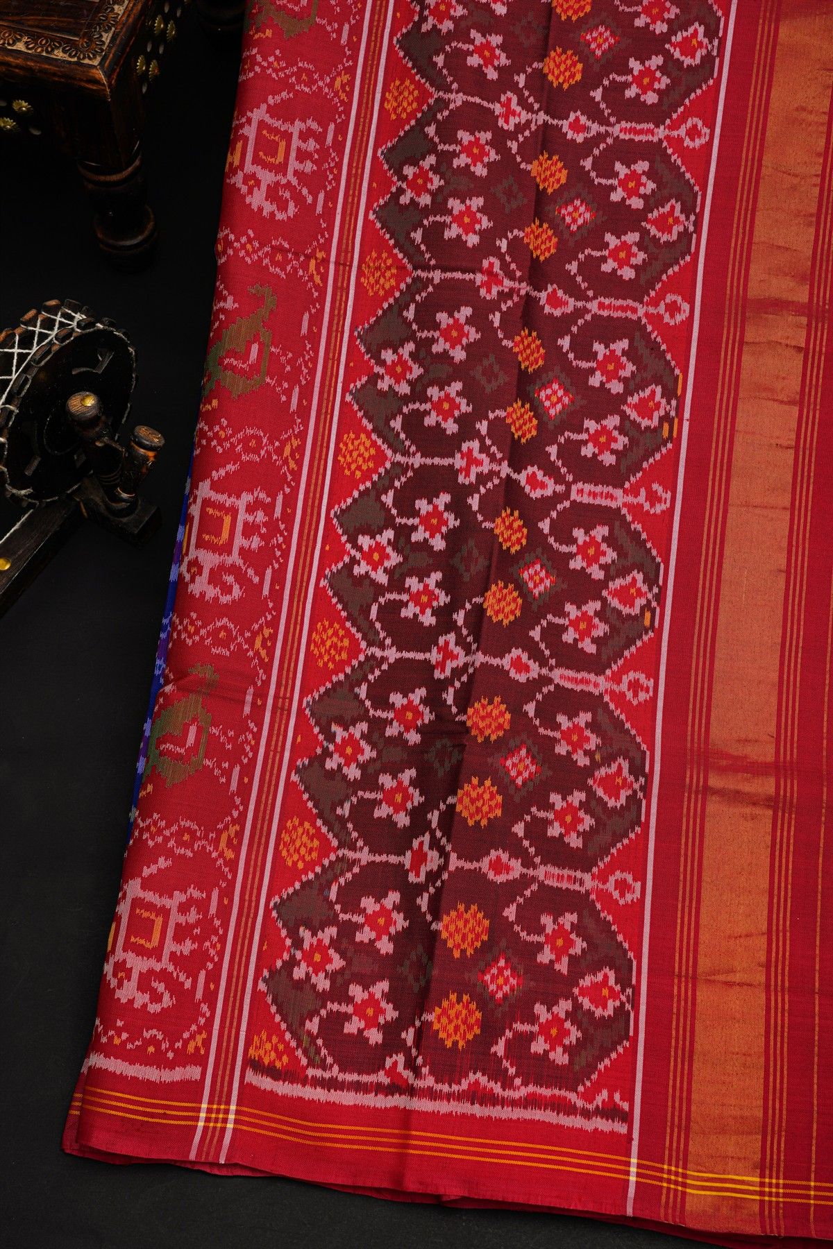 Patola Silk Royal Blue Saree With Florals And Elephants Border