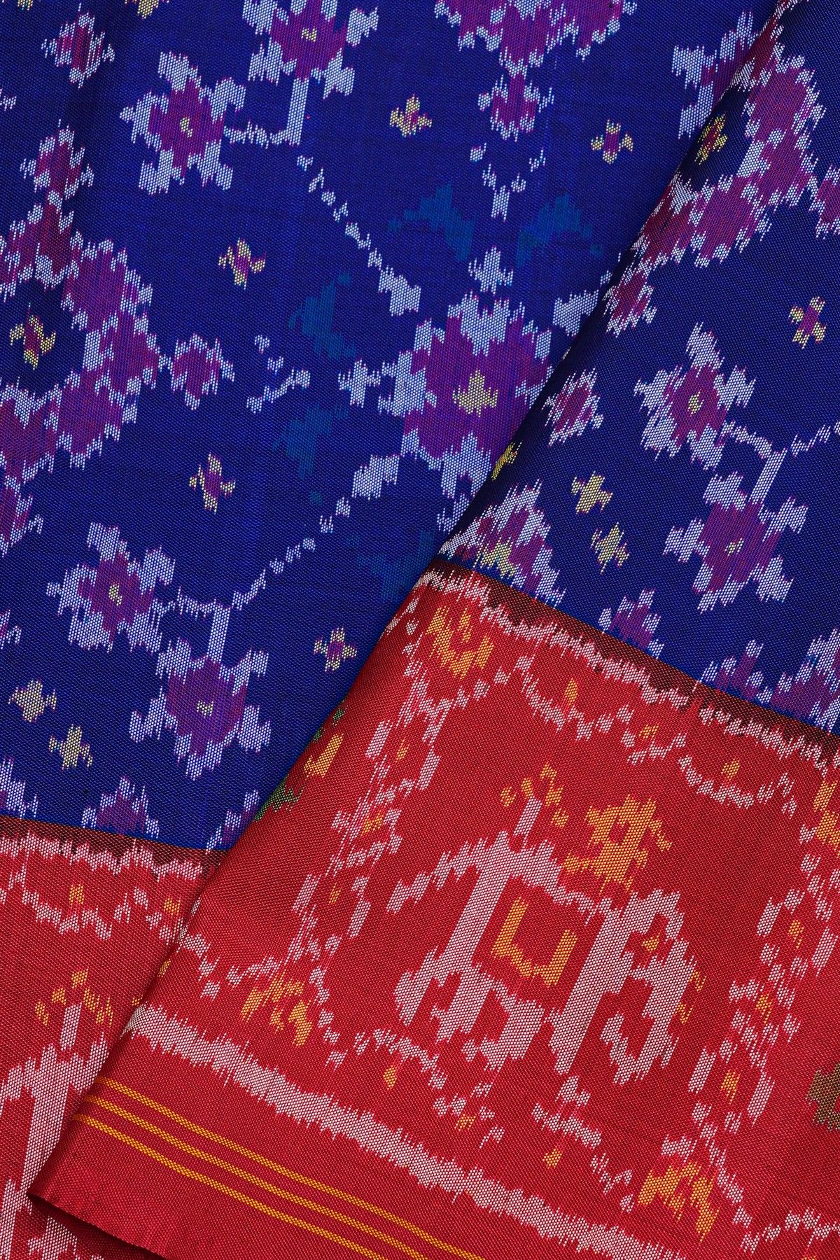 Patola Silk Royal Blue Saree With Florals And Elephants Border