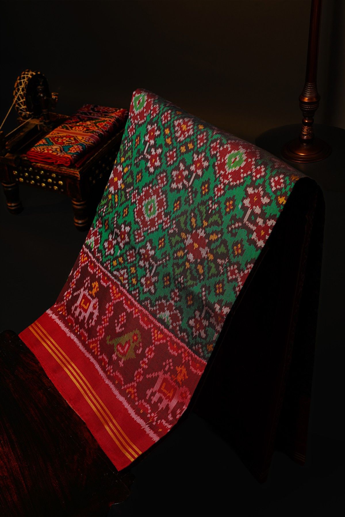 Patola Silk Leaf Green Saree With Elephant And Parrot In Box Border