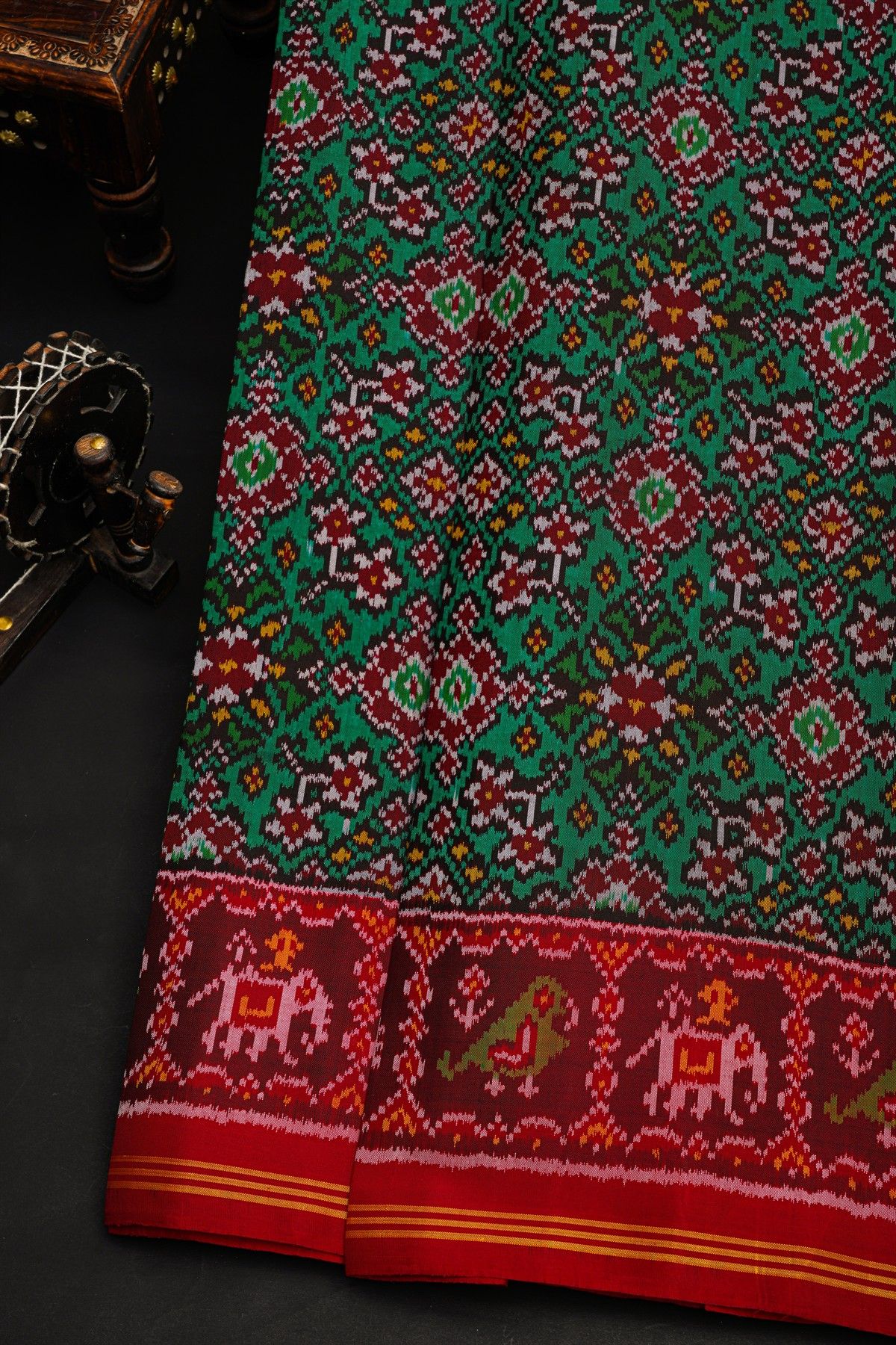 Patola Silk Leaf Green Saree With Elephant And Parrot In Box Border