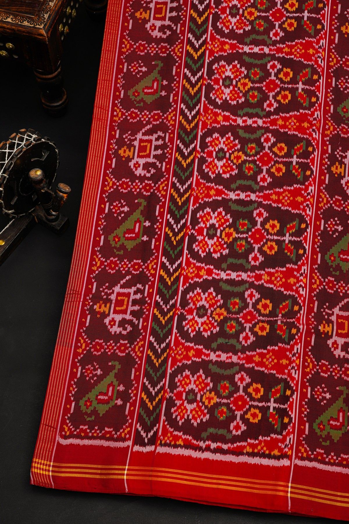 Patola Silk Leaf Green Saree With Elephant And Parrot In Box Border