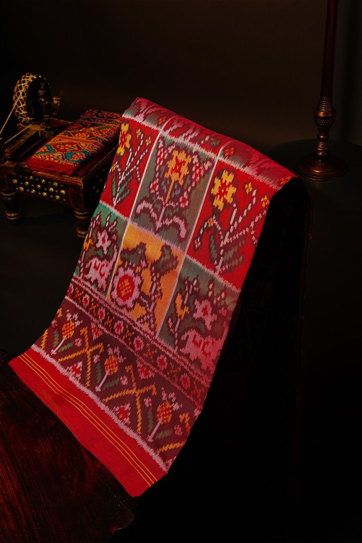 Patola Silk Multi-Colour Saree With Florals And Deers In Checks