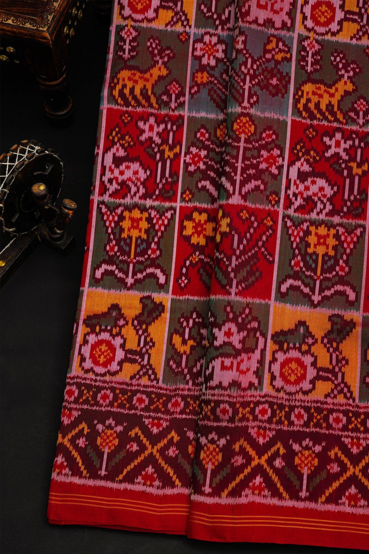 Patola Silk Multi-Colour Saree With Florals And Deers In Checks