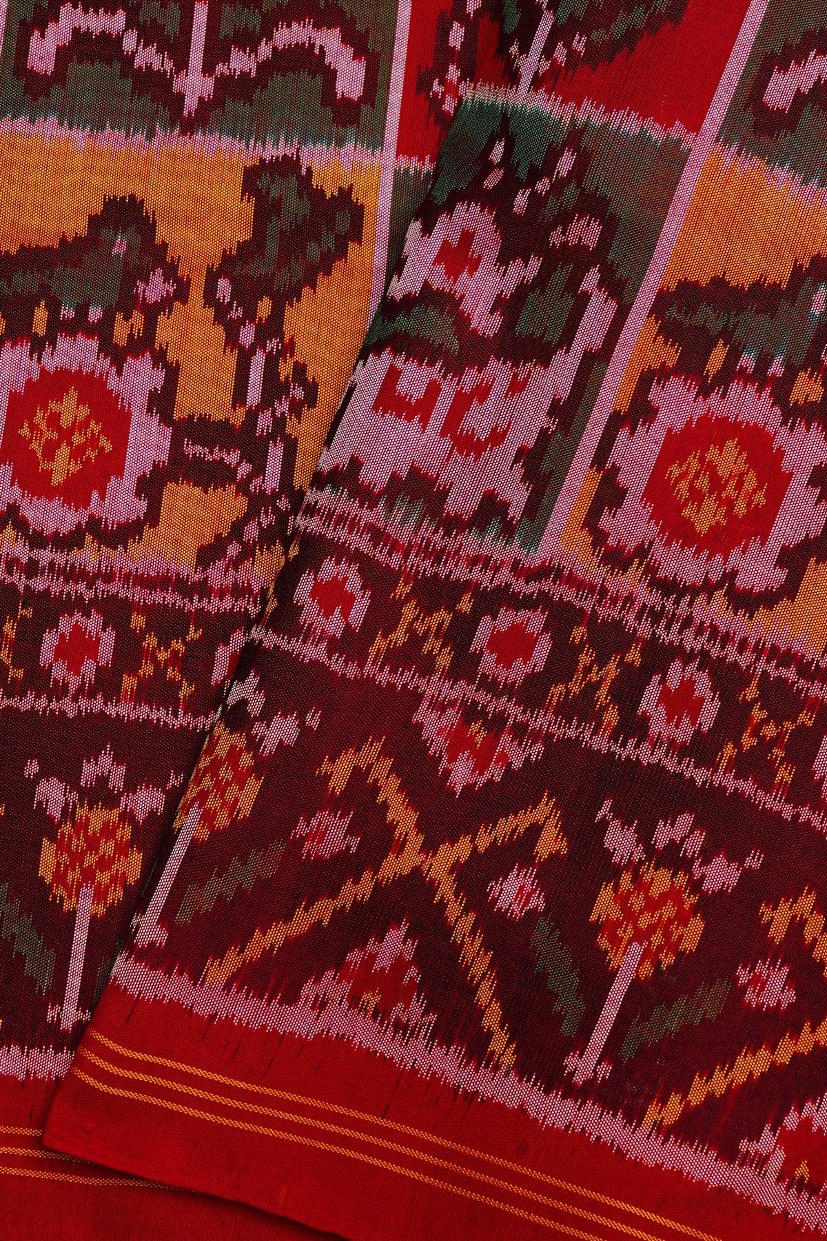 Patola Silk Multi-Colour Saree With Florals And Deers In Checks