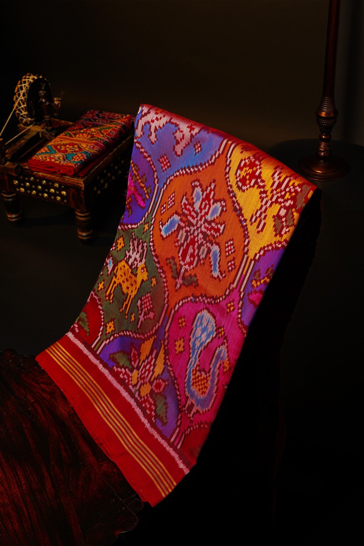 Patola Silk Multi-Colour Saree With Florals And Animal Theme Body