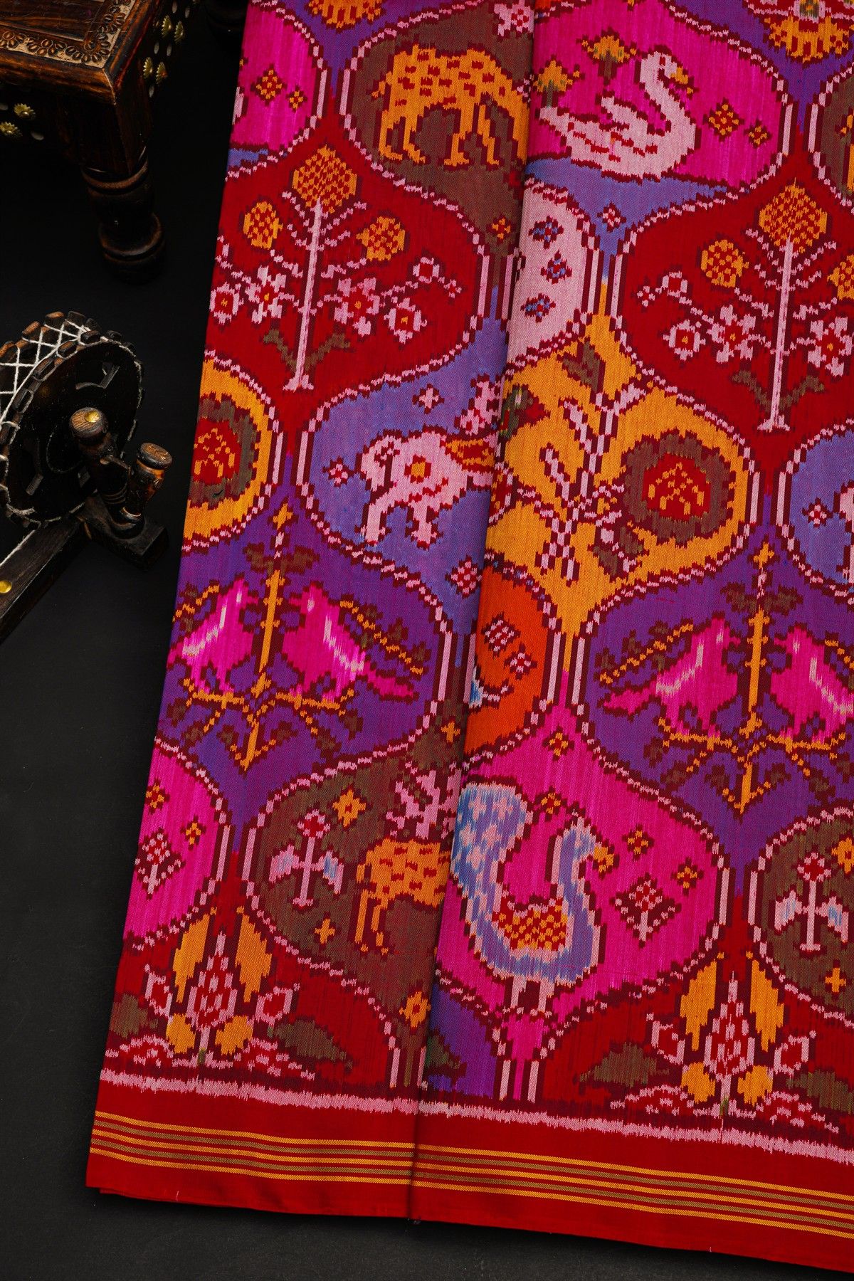 Patola Silk Multi-Colour Saree With Florals And Animal Theme Body