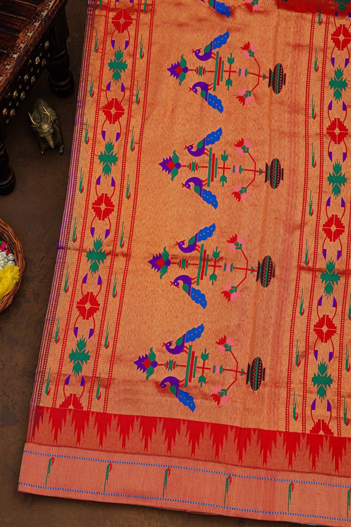 Paithani Silk Blue Saree With All Over Peacock Buttis In Zari Body And Single Muniya Border