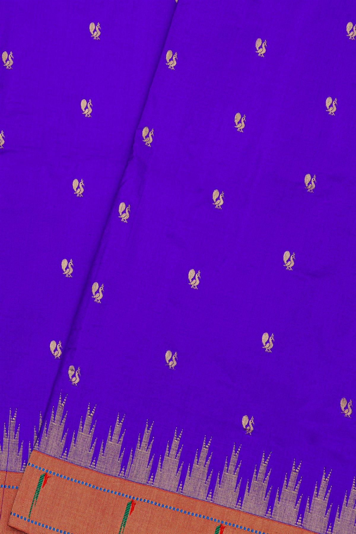Paithani Silk Blue Saree With All Over Peacock Buttis In Zari Body And Single Muniya Border