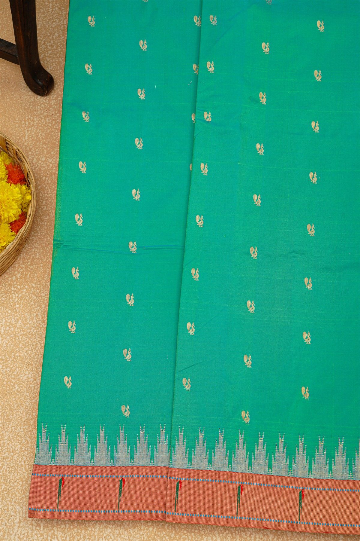 Paithani Silk Sea Blue Saree With Muniya Buttis Border