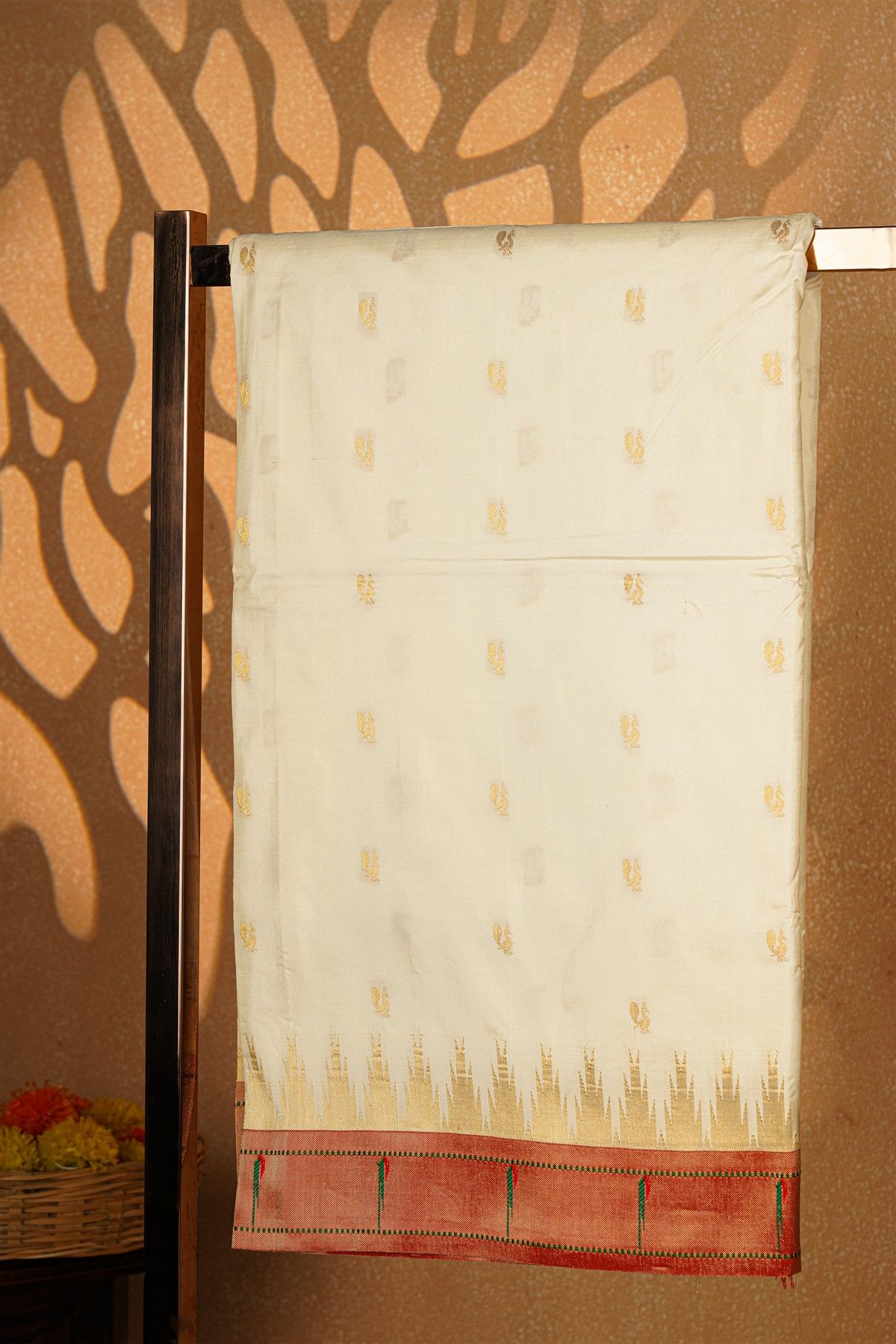 Paithani Silk Off White Saree With Muniya Buttis Border