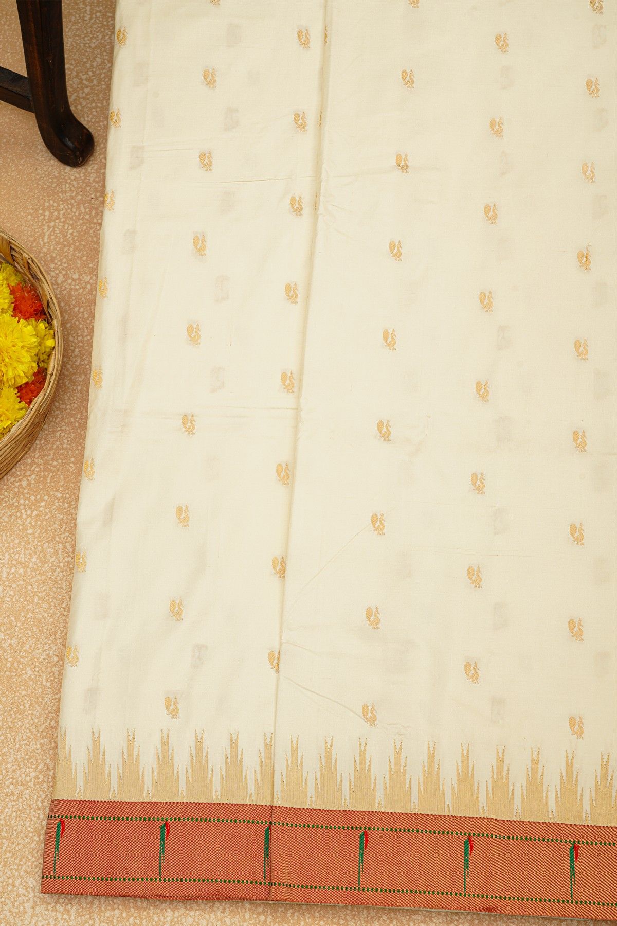 Paithani Silk Off White Saree With Muniya Buttis Border