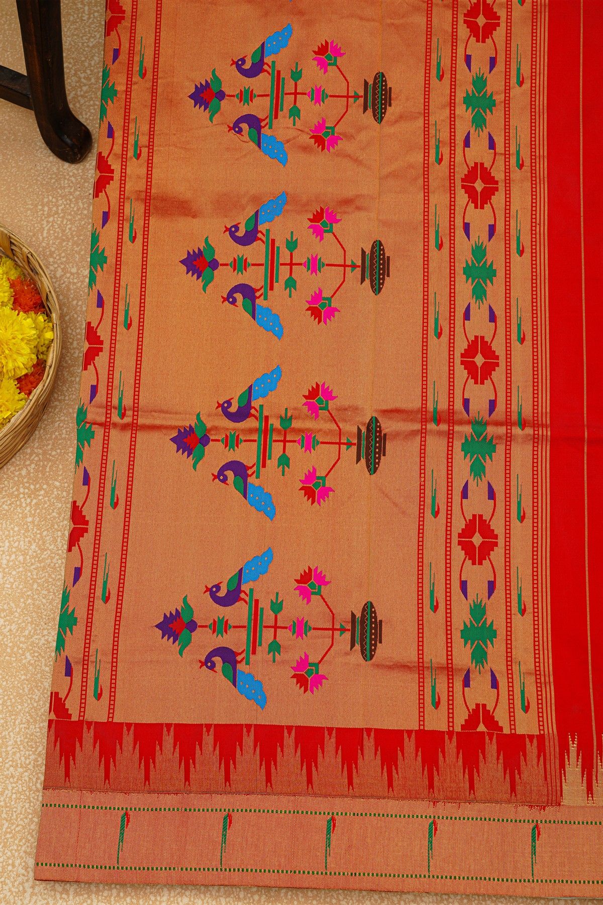 Paithani Silk Off White Saree With Muniya Buttis Border