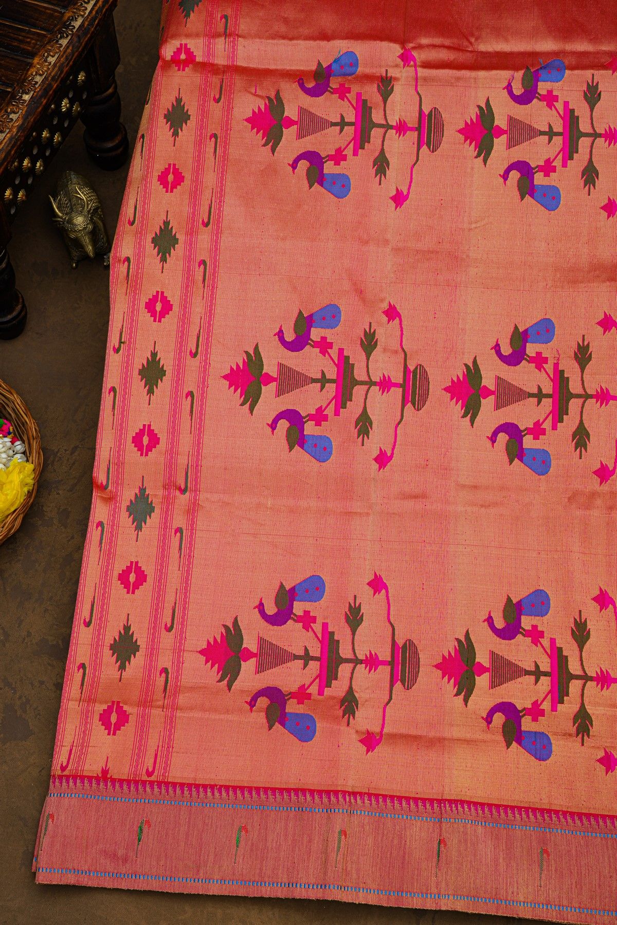 Paithani Silk Mustard Saree With All Over Muniya Buttis Body And Single Muniya Border