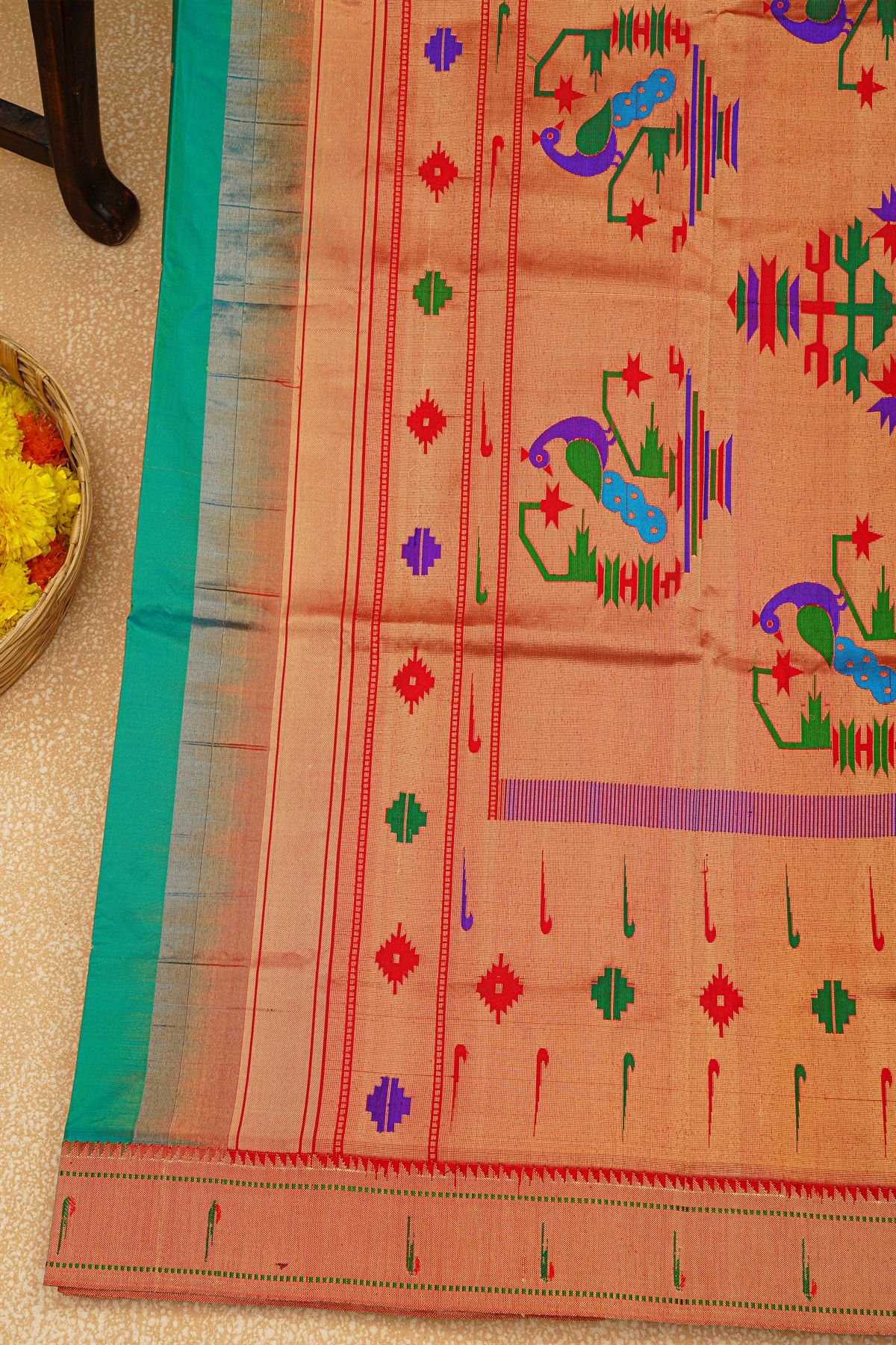 Paithani Silk Sky Blue Saree With Muniya Buttis Border