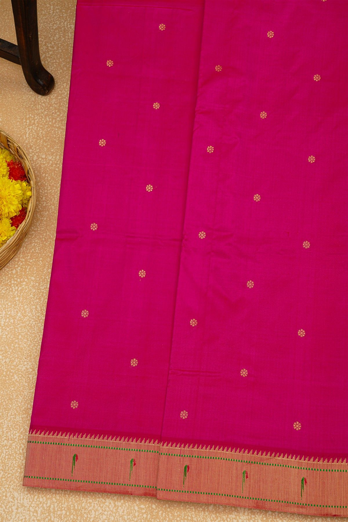 Paithani Silk Pink Saree With Muniya Buttis Border