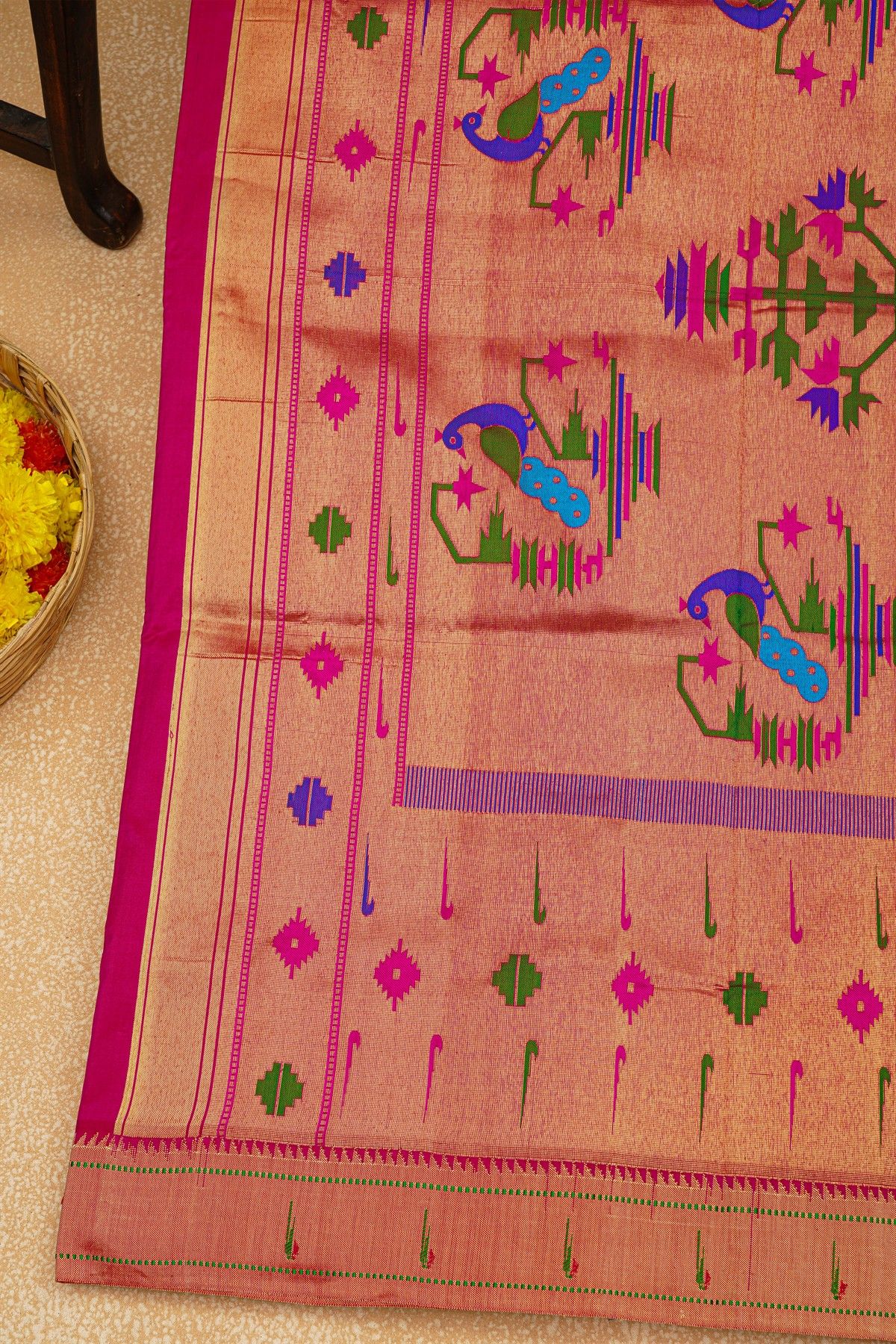 Paithani Silk Pink Saree With Muniya Buttis Border