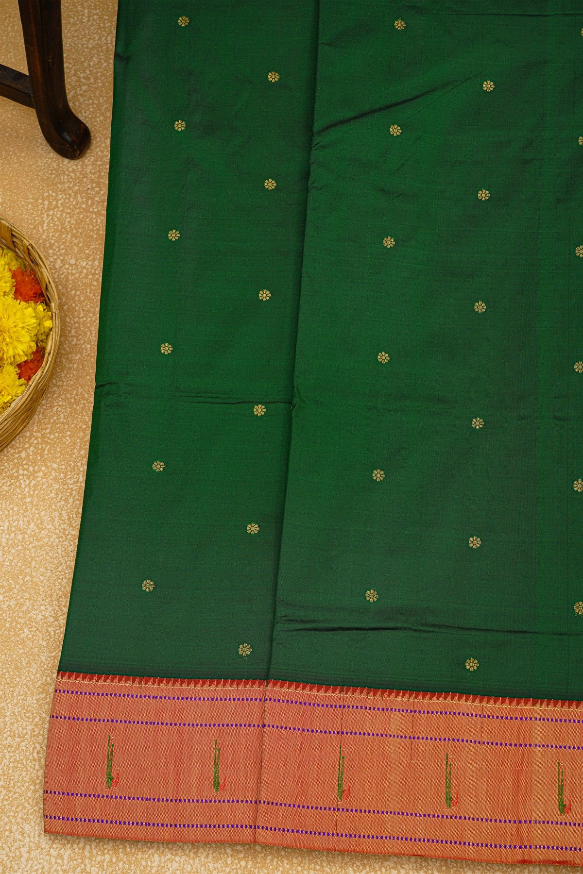 Paithani Silk Bottle Green Saree With Muniya Buttis Border