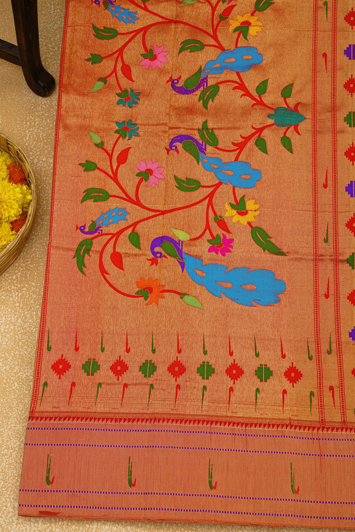 Paithani Silk Bottle Green Saree With Muniya Buttis Border