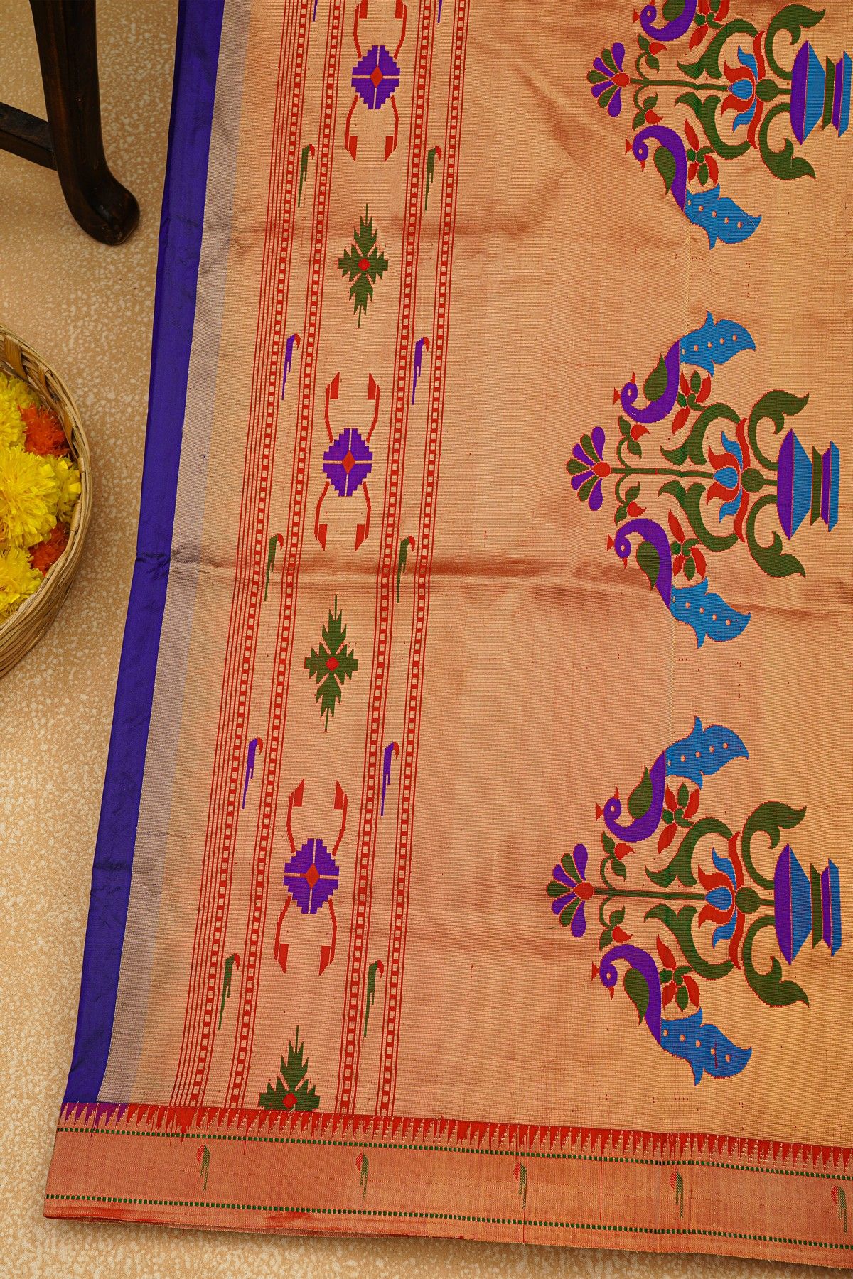 Paithani Silk Royal Blue Saree With Muniya Buttis Border