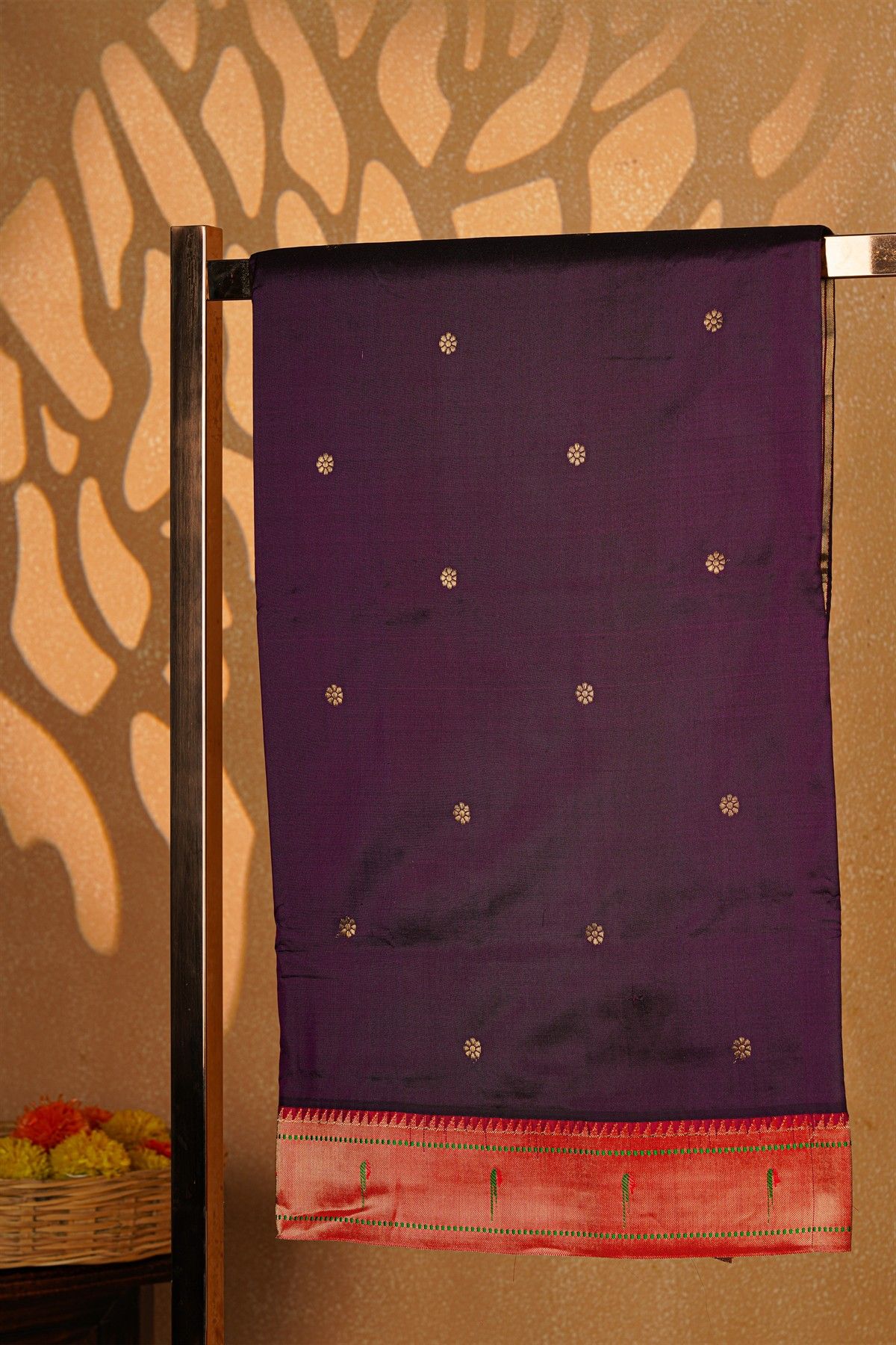 Paithani Silk Wine Saree With Muniya Buttis Border