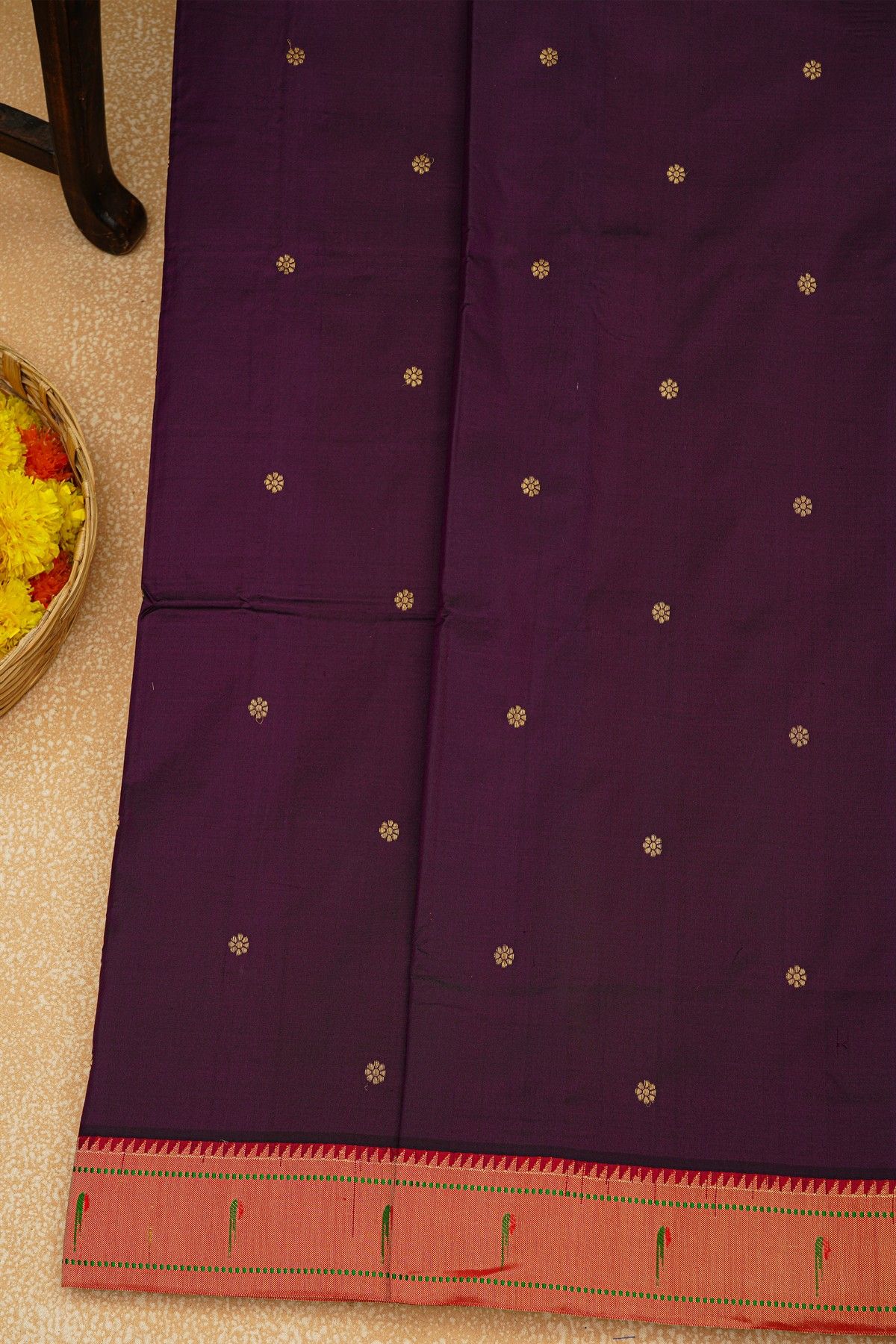 Paithani Silk Wine Saree With Muniya Buttis Border