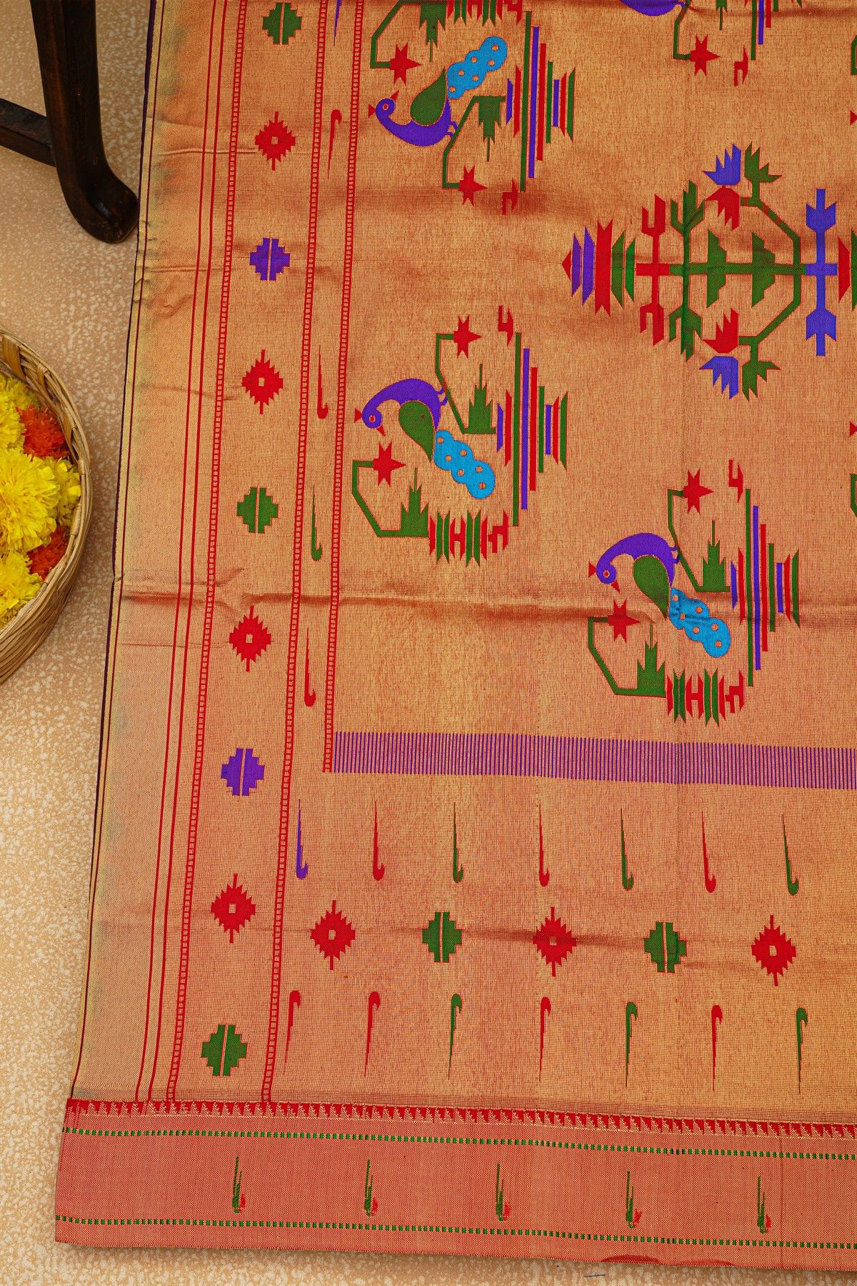 Paithani Silk Wine Saree With Muniya Buttis Border