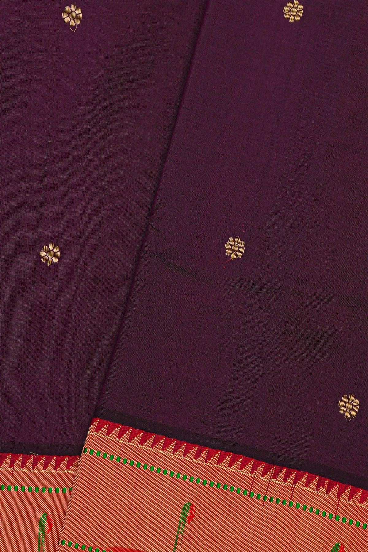 Paithani Silk Wine Saree With Muniya Buttis Border