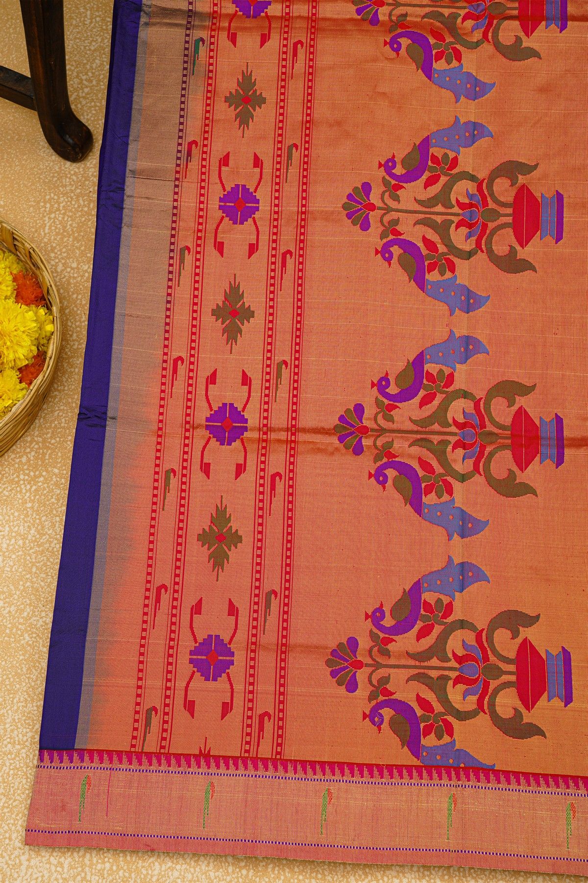 Paithani Silk Navy Blue Saree With Muniya Buttis Border