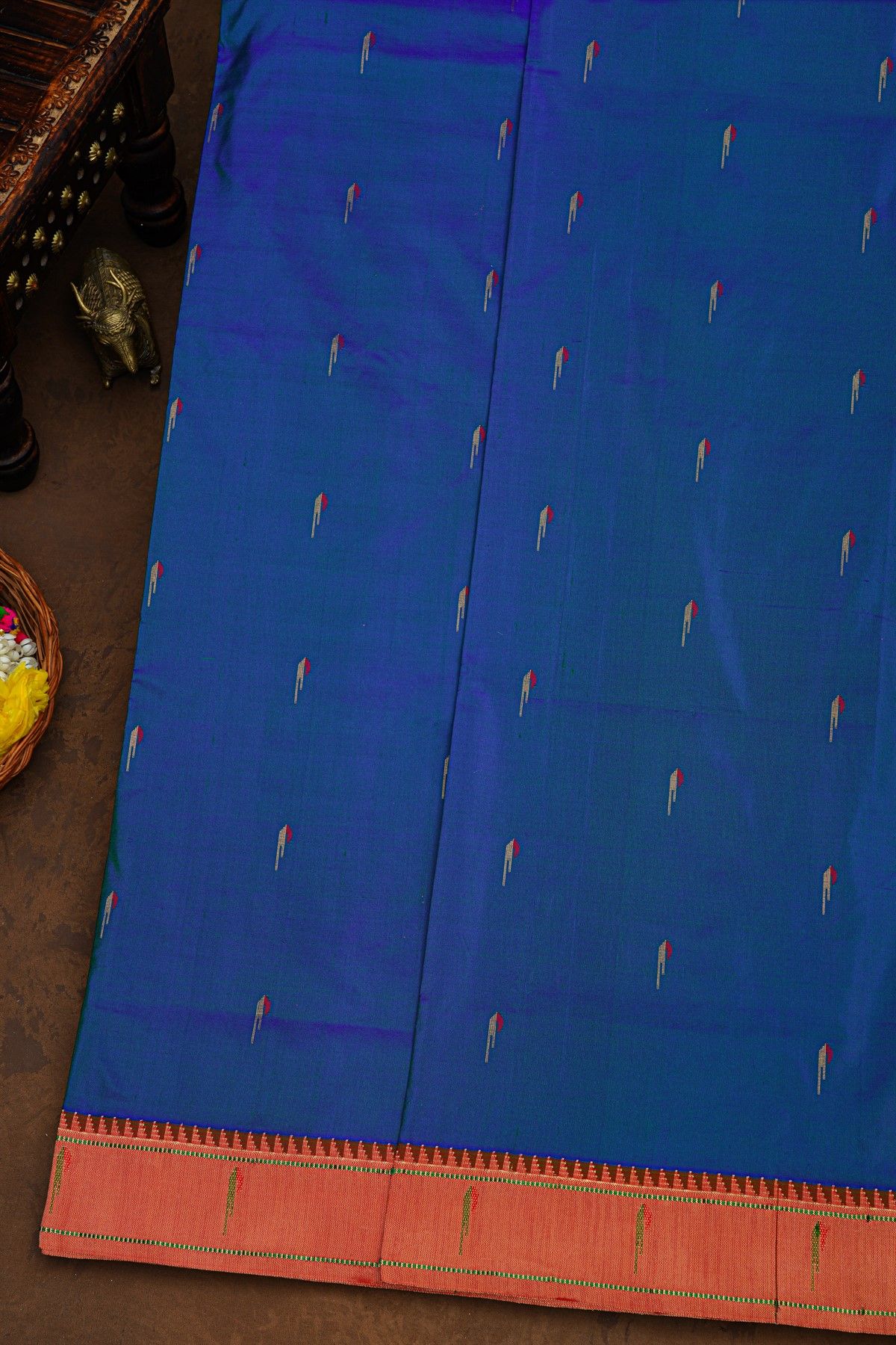 Paithani Silk Peacock Blue Saree With Muniya Buttis Border