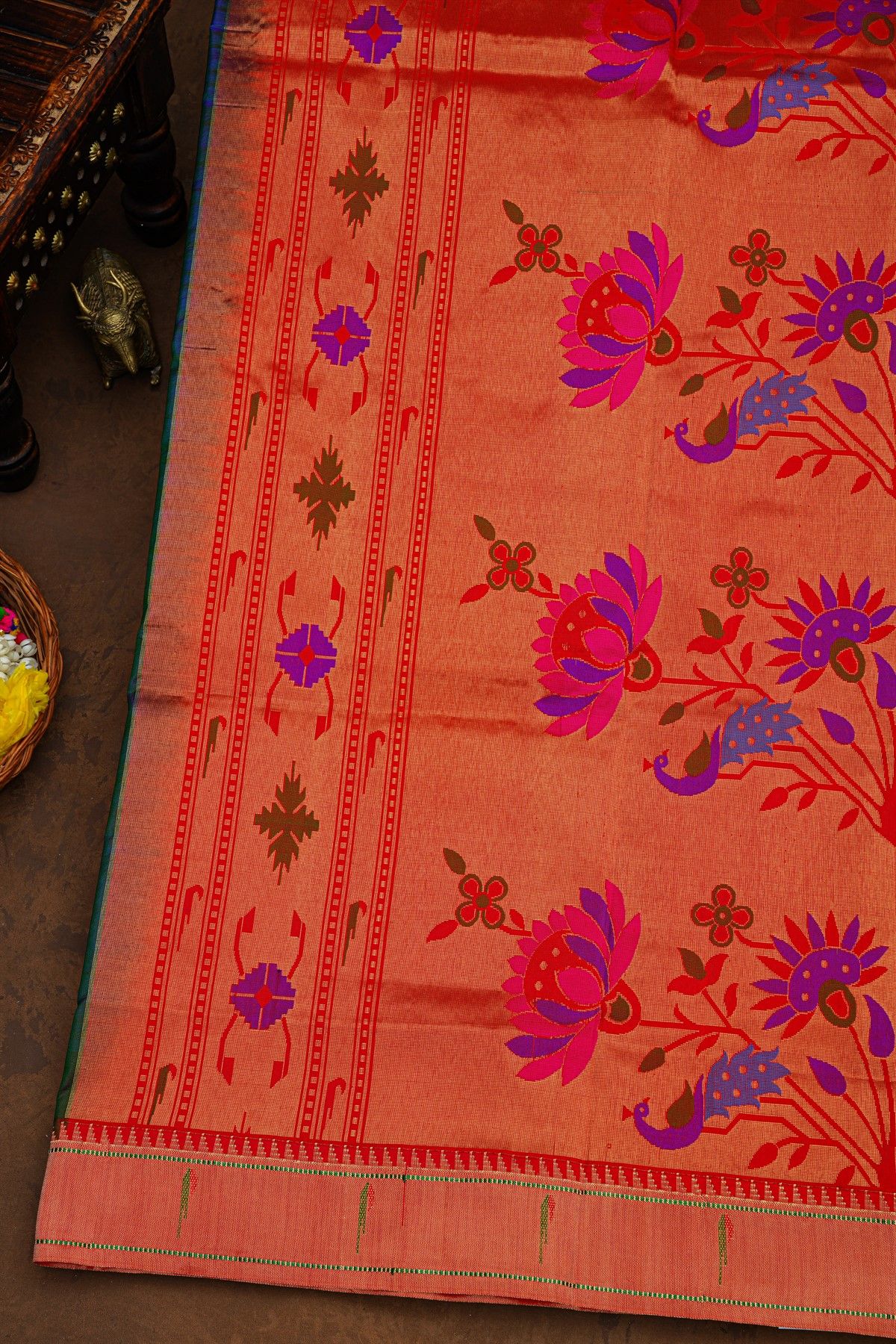 Paithani Silk Peacock Blue Saree With Muniya Buttis Border